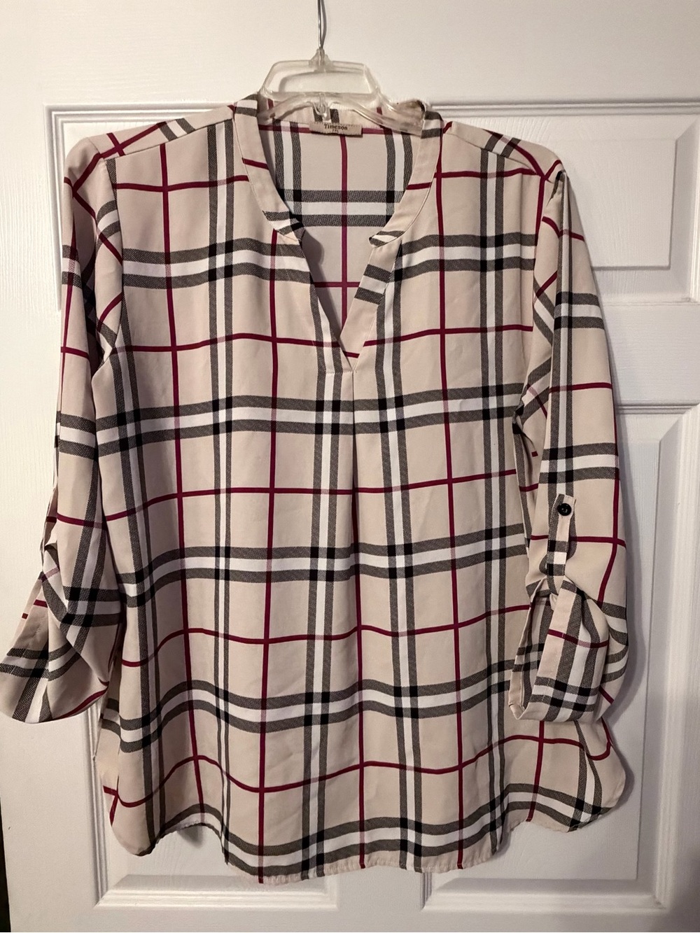 Cream Plaid Split-Neck Tunic with Black and Red Windowpane